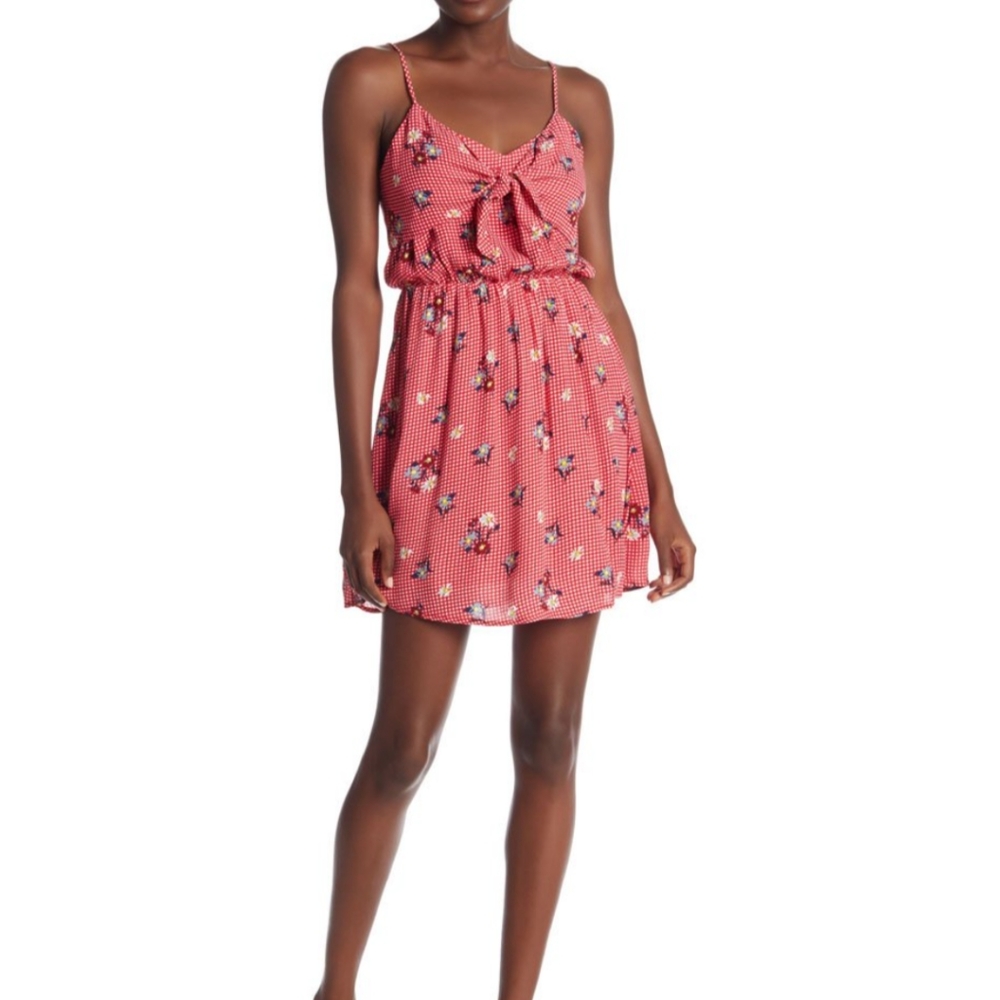 Everly Red Floral Gingham Spaghetti Strap Dress M